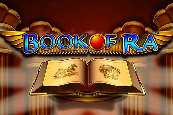 Book of Ra Spielgrafik: das goldene Buch mit Hieroglyphen zwischen zwei Säulen