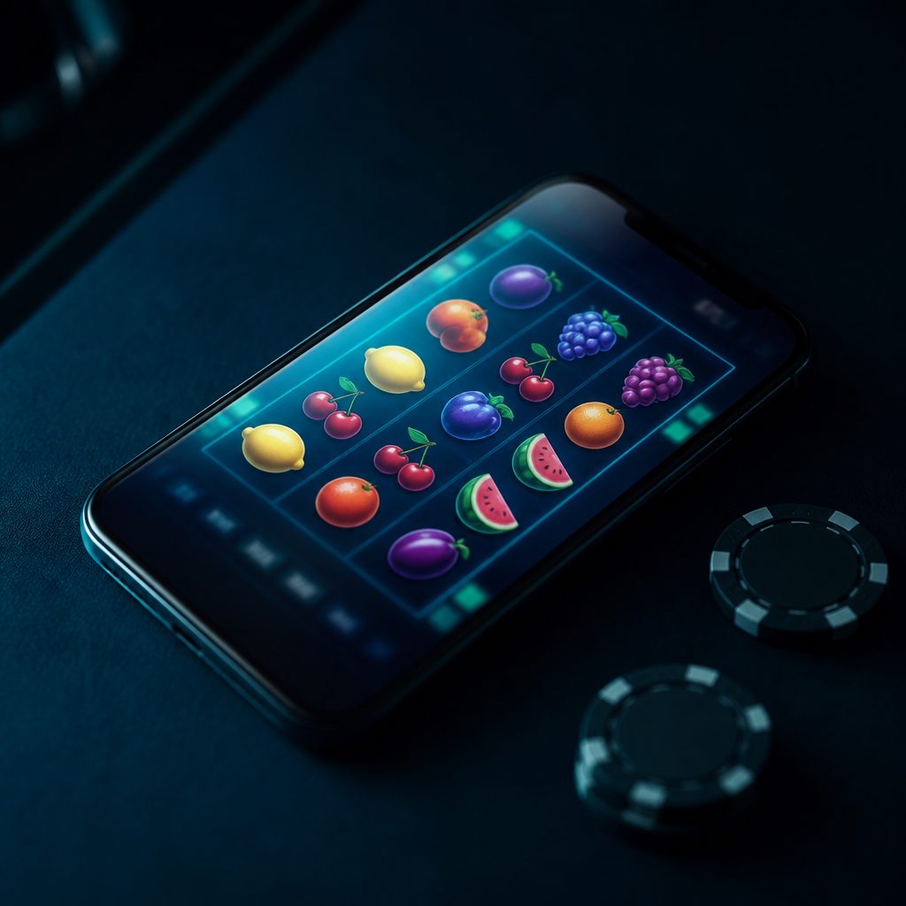 Smartphone mit leuchtendem Automatenspiel voller Fruchtsymbole auf dem Bildschirm, daneben Casino-Chips