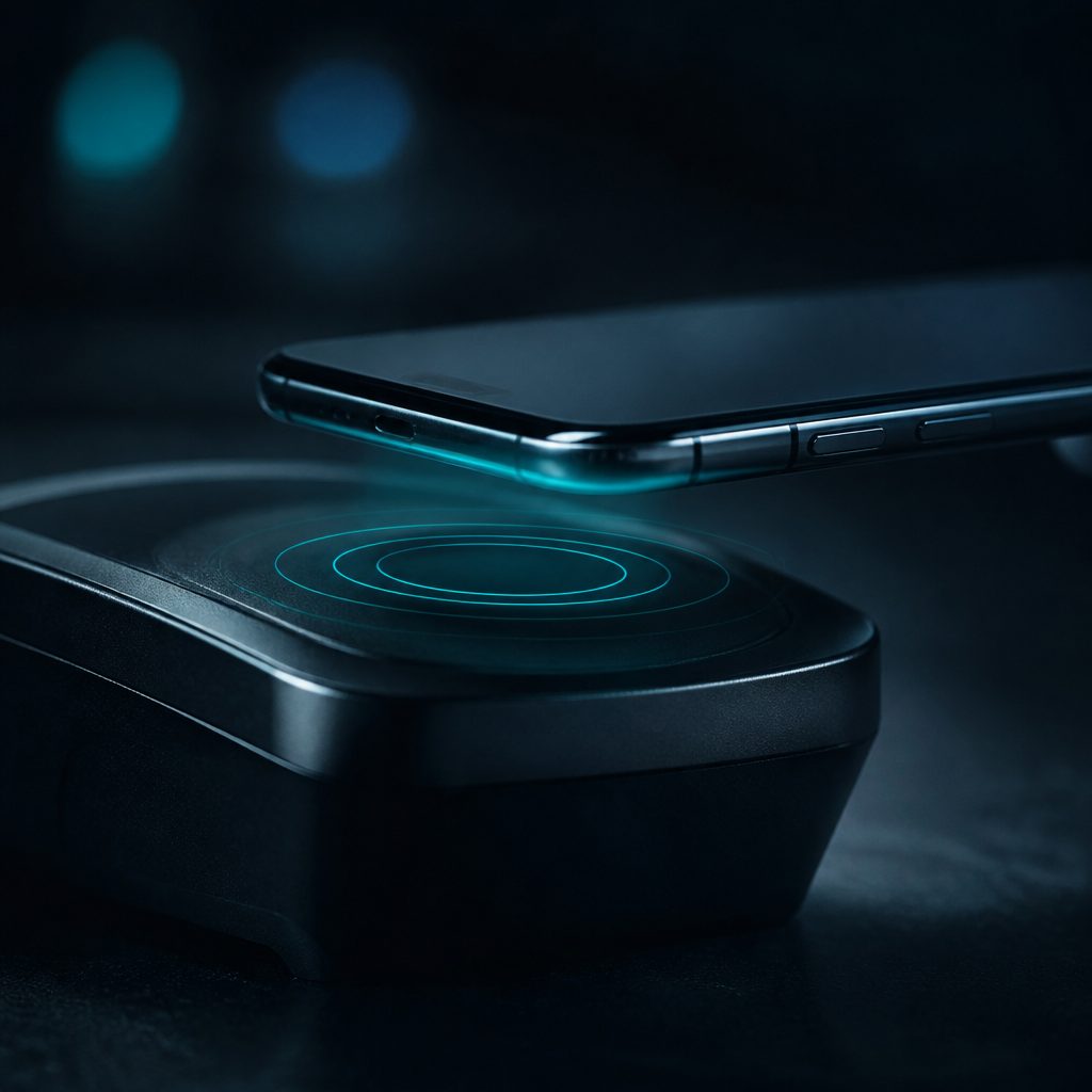 Smartphone schwebt über einem kontaktlosen Bezahlterminal mit leuchtenden Kreisen