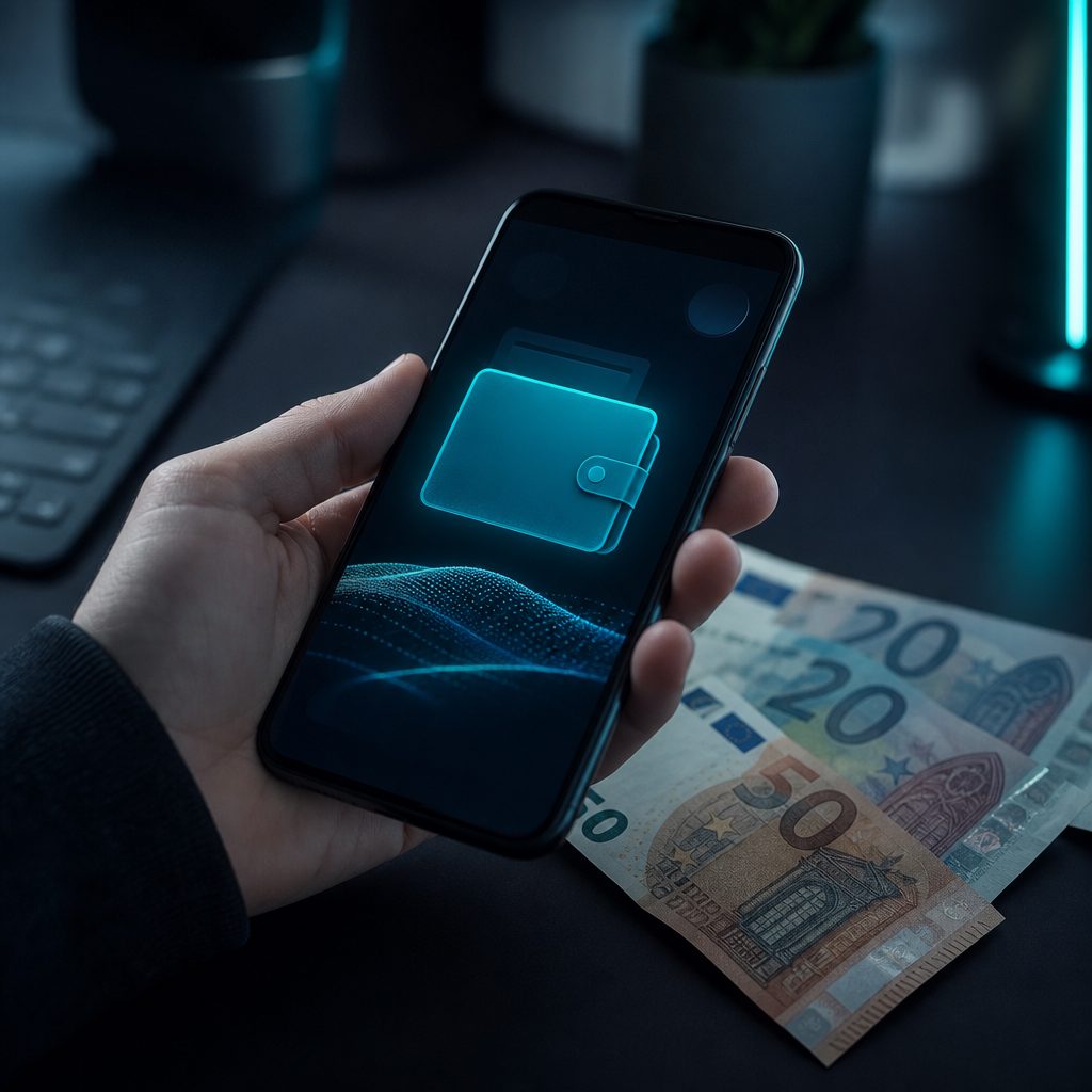 Hand hält ein Smartphone mit leuchtendem Wallet-Symbol, darunter liegen Euro-Scheine