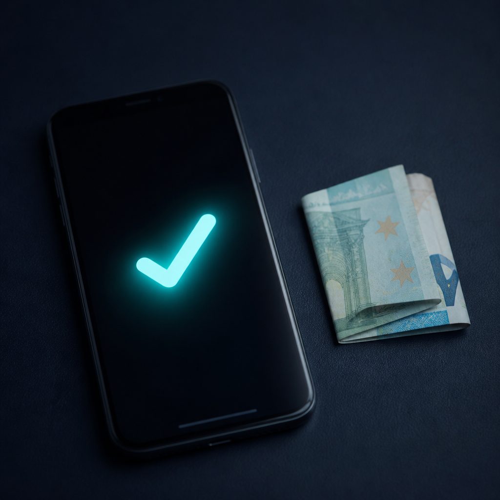 Smartphone mit leuchtendem Häkchen auf dem Display, daneben ein gefalteter Euro-Schein