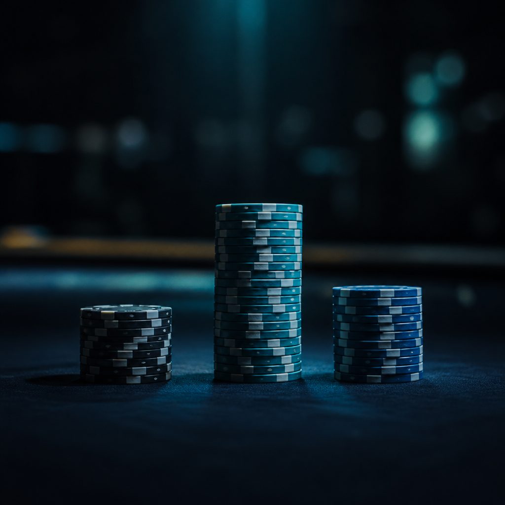 Drei unterschiedlich hohe Stapel Casino-Chips wie ein Siegerpodest auf dunkelblauem Filz