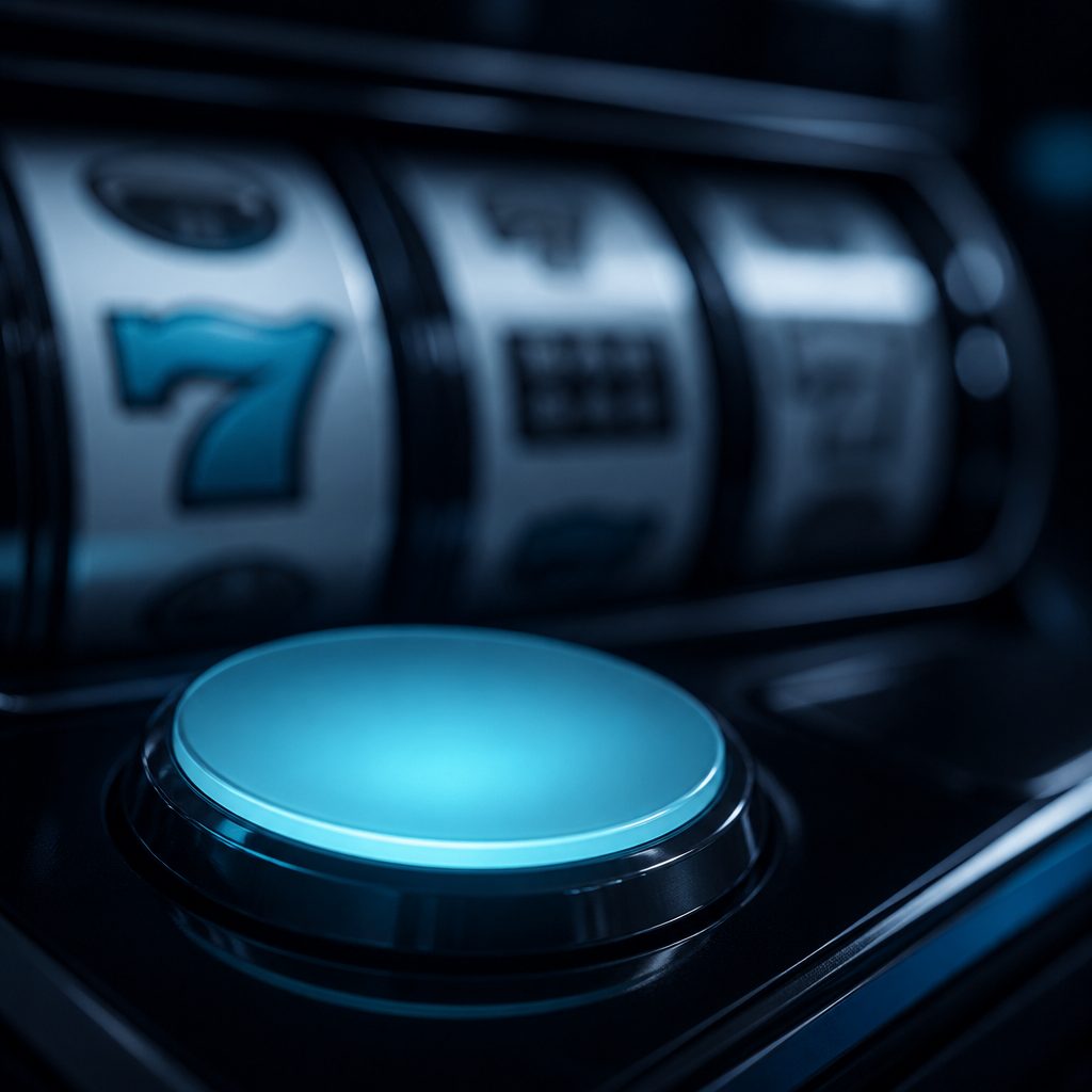 Leuchtender runder Startknopf an einem Spielautomaten, dahinter unscharfe Walzen mit einer Sieben