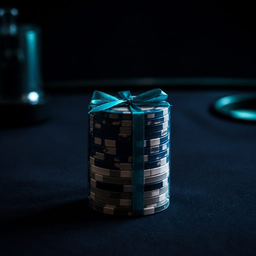 Stapel Casino-Chips mit einer türkisfarbenen Schleife auf dunkelblauem Filz — ein Geschenk mit Bedingungen