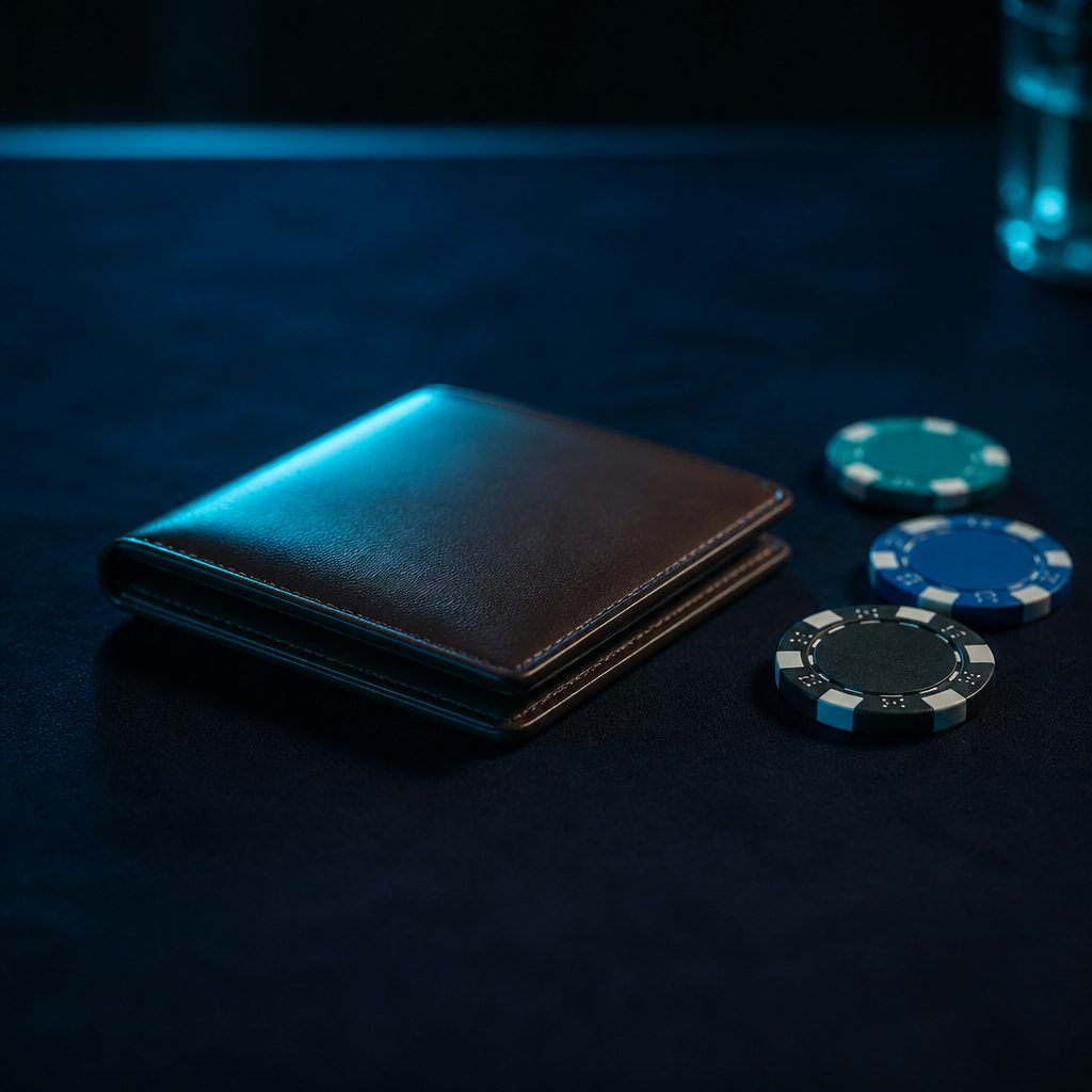 Geschlossenes Portemonnaie neben drei Casino-Chips auf dunkelblauem Tisch