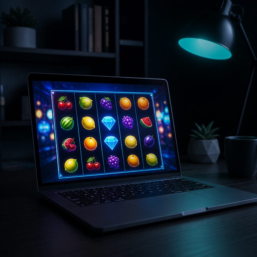 Aufgeklappter Laptop mit leuchtendem Automatenspiel voller Fruchtsymbole im Browser