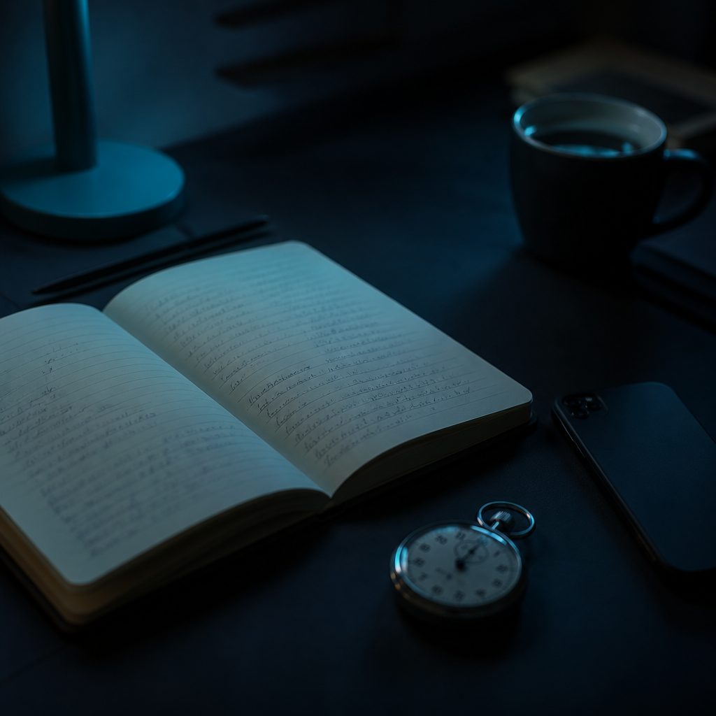 Aufgeschlagenes Notizbuch, Stoppuhr, Smartphone und Kaffeetasse auf einem dunklen Schreibtisch