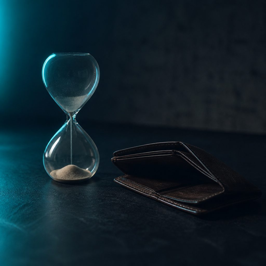 Fast abgelaufene Sanduhr neben einer leeren Geldbörse auf dunklem Schreibtisch