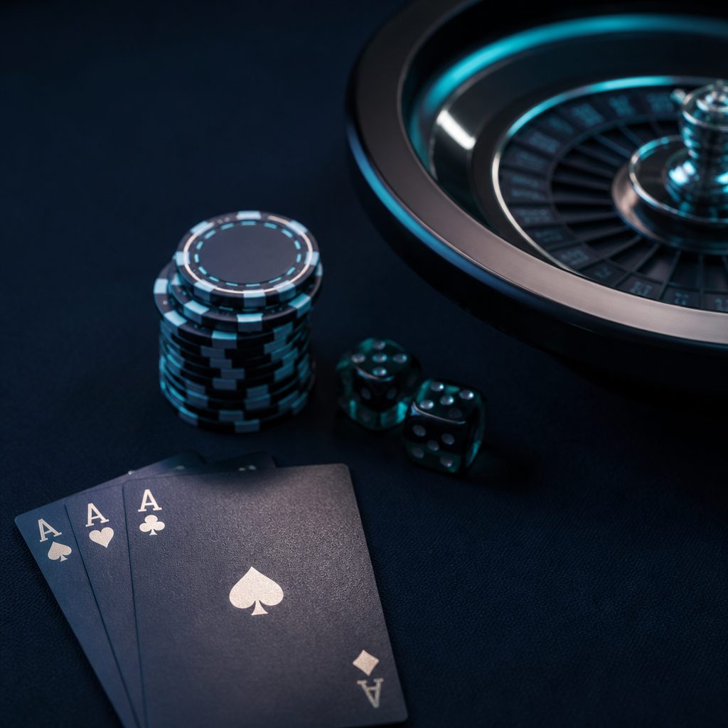 Spielkarten, Chipstapel, Würfel und der Rand eines Roulettekessels auf dunkelblauem Tisch