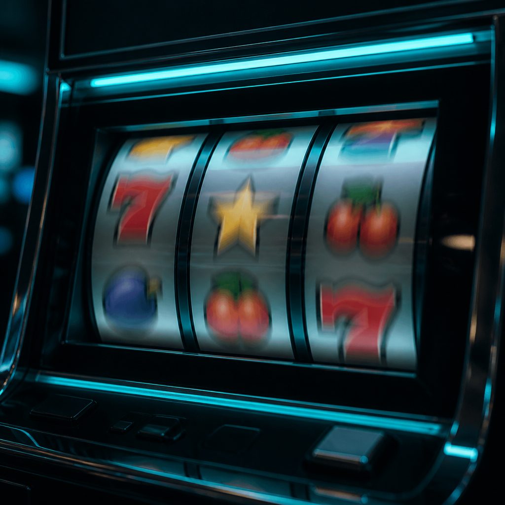 Nahaufnahme dreier Slot-Walzen mit Frucht- und Sternsymbolen hinter Glas, türkis beleuchtet