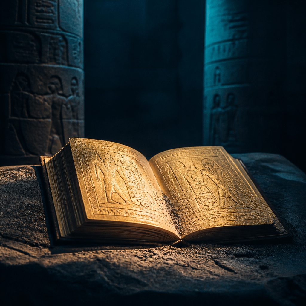 Aufgeschlagenes goldenes Buch mit Hieroglyphen auf dunklem Stein, ägyptische Säulen im Hintergrund