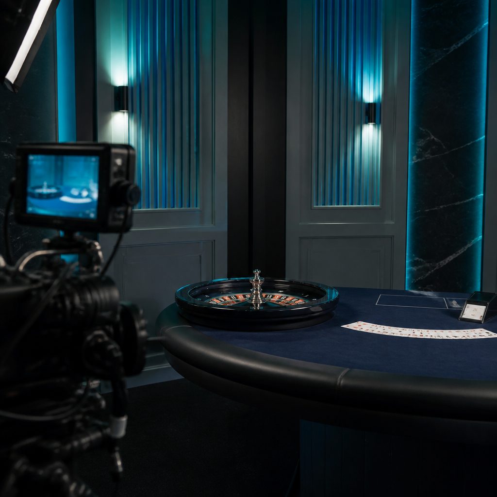 Live-Casino-Studio mit Roulettekessel und aufgefächerten Karten auf dem Spieltisch, Studiokamera im Vordergrund