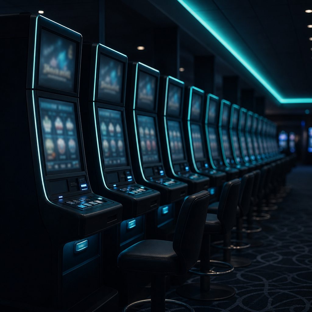 Reihe identischer moderner Casino-Spielautomaten auf dunkler Spielfläche in symmetrischer Perspektive