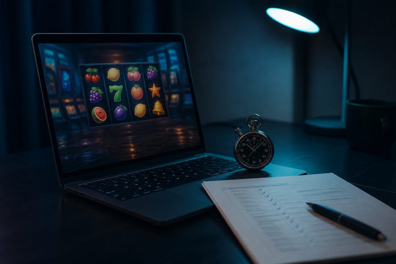 Testplatz: Laptop mit laufendem Automatenspiel, daneben eine Stoppuhr und eine Checkliste mit Stift