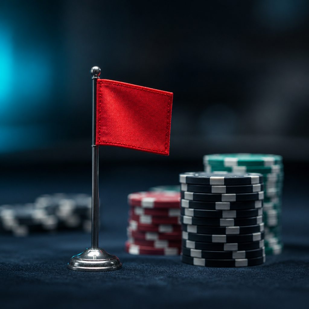 Kleine rote Warnflagge auf einem Ständer neben Stapeln von Casino-Chips